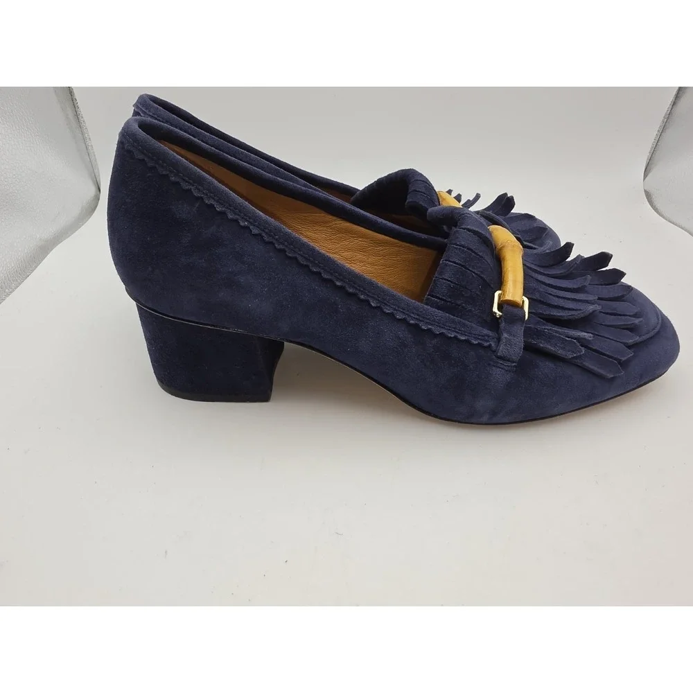 J. McLaughlin Navy Suede Kiltie Loafers with Bamboo Bit Detail Size 9